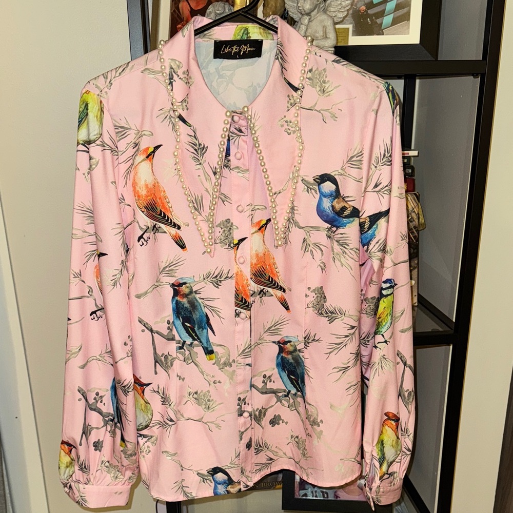 Bird Print Pink Blouse Vintage Retro